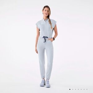 Figs DUSTY BLUE Jumpsuit with Navy Tie